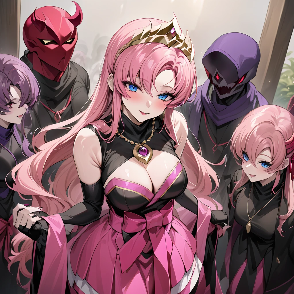 ((Highest quality)), ((masterpiece)), (detailed), （Perfect Face）、The beautiful and seductive woman is Lacus Clyne, the wife of the leader of the evil god cult, the saint of darkness, and has blue eyes, pink hair, medium-long hair, and a gorgeous and delicately detailed masochism.々An evil shrine maiden wearing a beautiful black evil shrine maiden outfit, an evil shrine maiden necklace, evil accessories, a gorgeous evil shrine maiden head chain tiara, and an engagement ring.、The woman is the wife of a middle-aged, bearded cult leader who is revered by a mysterious cult of evil gods.、A loving couple is worshipped by the followers of the cult, who are worshipped by the cult leader who is dressed in the luxurious clothes of the cult leader of the evil god cult and the cult leader who is caressed all over the body at the altar of the cult.