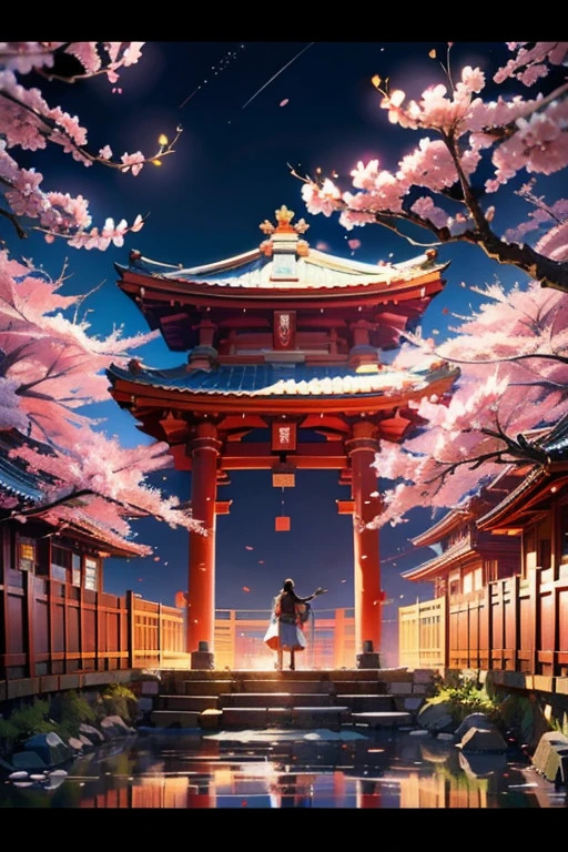 masterpiece，shrine，hope，positive，beautiful，Otorii，cherry blossoms ,Night Sky，High resolution, High resolution, 8k, masterpiece2:1,（ 京都のshrine，moon）Rear view