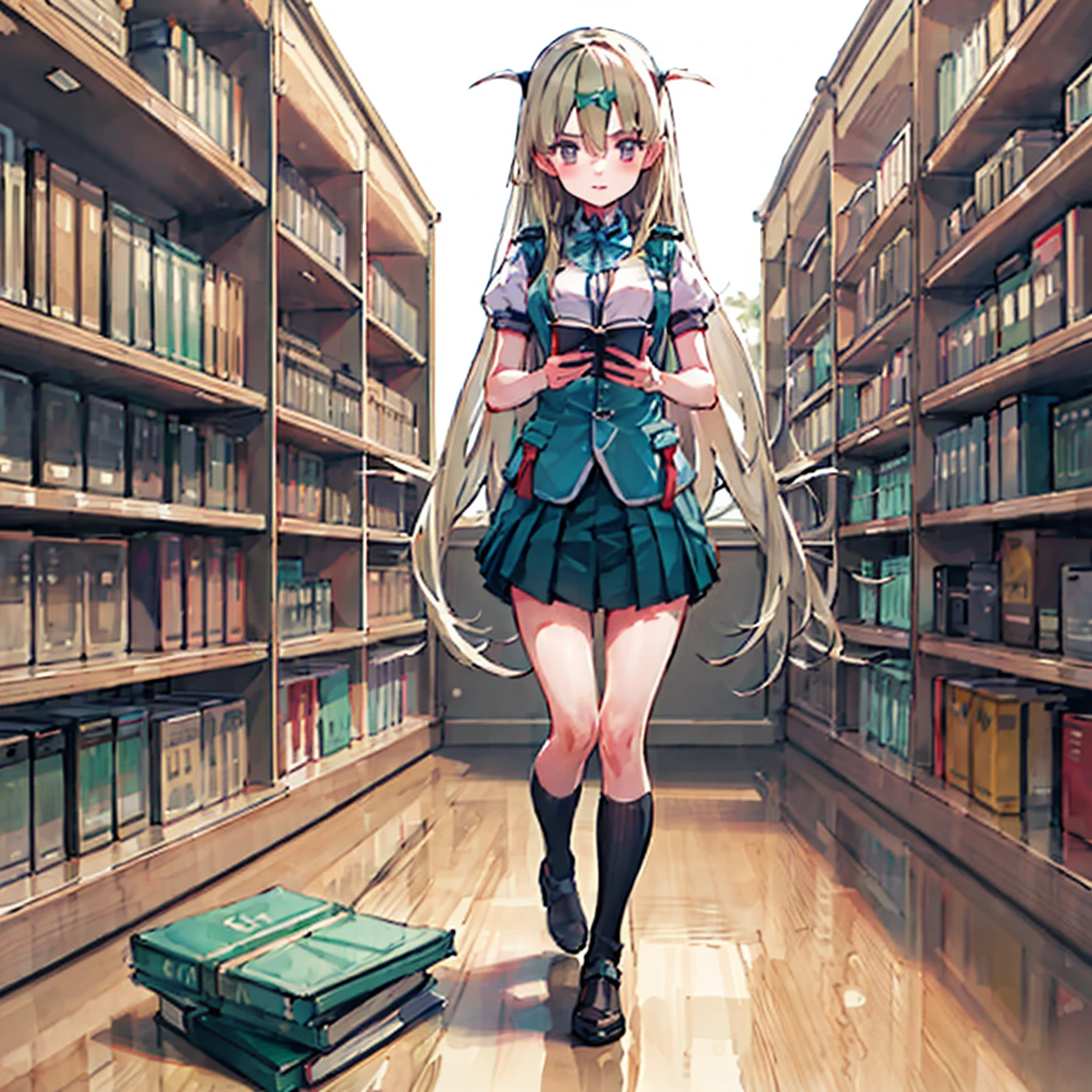 ((masterpiece,Highest quality,anime))1 high school girl, alone, Bookshelf, Mountain of books, cute, Modern Library, uniform, 