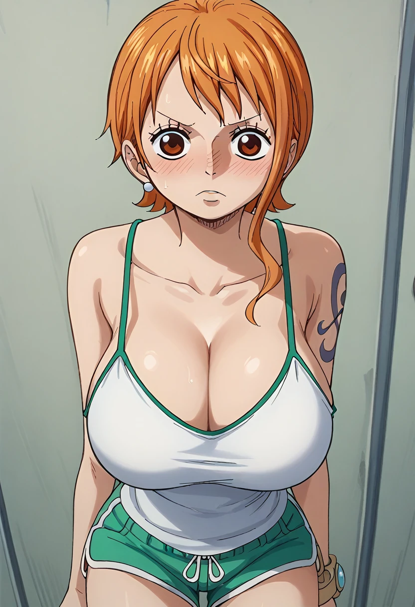 blush、The whole body is visible、Huge breasts、slim:1.5、One Girl,bend、camisole、Cleavage、Dolphin Shorts、orange hair、short hair、Nami