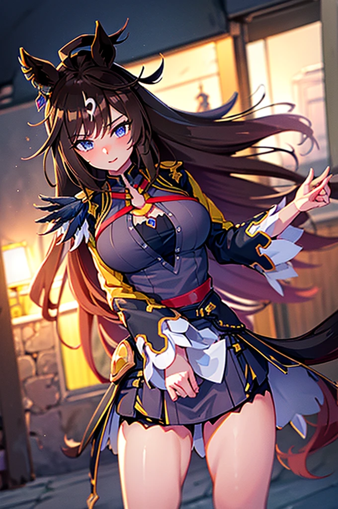 ((masterpiece)),((Highest quality)),High resolution,Highly detailed CG,Perfect lighting,8k wallpaper, One Girl,(Hard \(umamusume\)),Cowboy Shot,looking at the camera,Very large breasts,Very large breasts,Muscular body,Very thick legs,horse ear,Long Hair,Waist Cloak