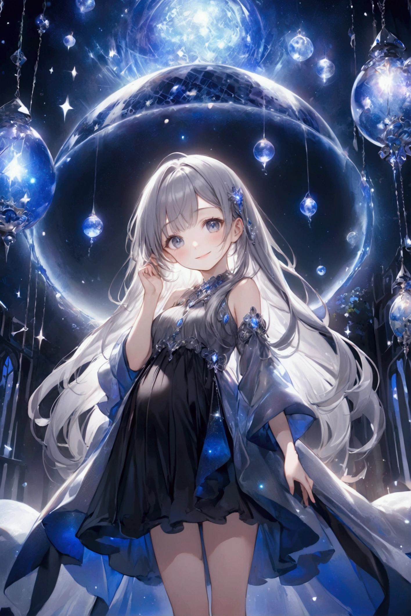 (Highest quality, 8k, 32K, masterpiece, Ultra-high resolution,:1.2),to be born, One Girl,So cute , A fantasy background resembling a nighttime electronic world, clear, Shining Eyes, Age 25 ,Fair skin, black and grey hair, beautiful girl, Fantasy Clothing, Long Hair, An innocent smile, Lavish decoration, god々Shining light