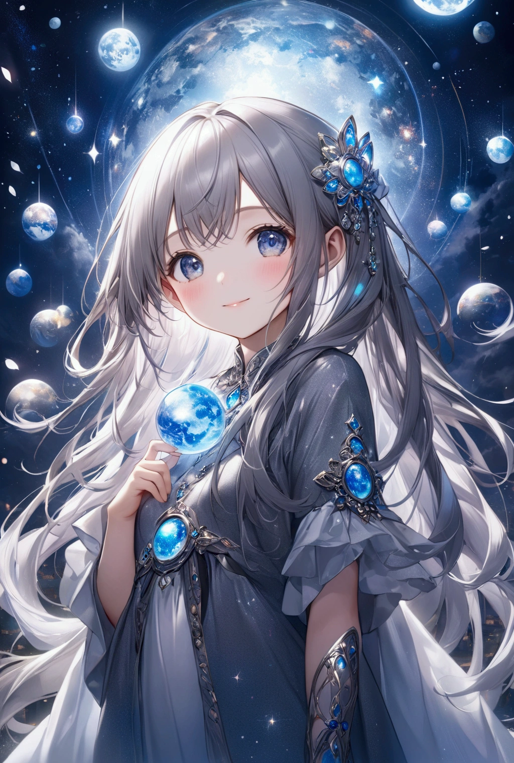 (Highest quality, 8k, 32K, masterpiece, Ultra-high resolution,:1.2),to be born, One Girl,So cute , A fantasy background resembling a nighttime electronic world, clear, Shining Eyes, Age 25 ,Fair skin, black and grey hair, beautiful girl, Fantasy Clothing, Long Hair, An innocent smile, Lavish decoration, god々Shining light