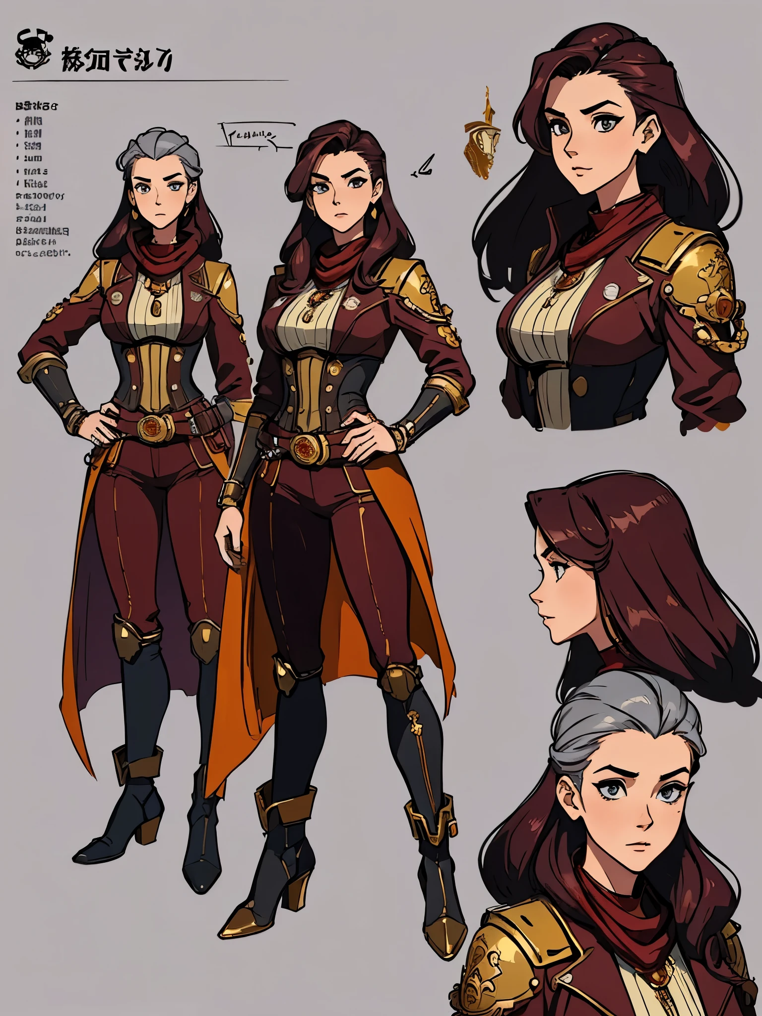 (masterpiece, best quality, character design plug, character reference sheet, concept art, same character, detailed face, super detailed, advanced details, highest quality, high resolution, 8K) full body female wearing a maroon and gold and futuristic capitain navigator pirate steampunk clothes, ocean theme, long hair, light grey background color
