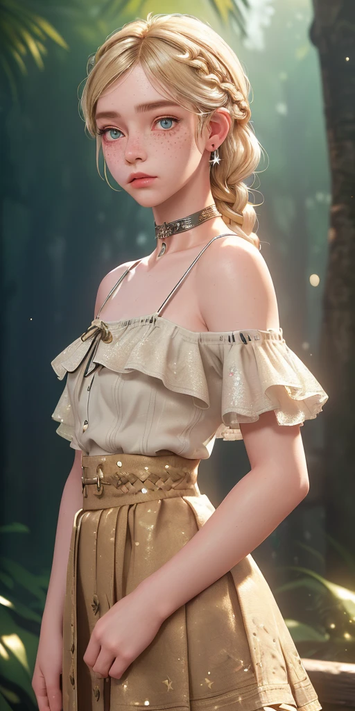 (masterpiece, best quality), 1girl, intricate details, print, earrings, freckles, upper body, bokeh, dappled sunlight, blonde, off shoulder, high-waist skirt, choker, looking at viewer, french braid, bangs, clothing cutout, glitter, particles, strap slip,