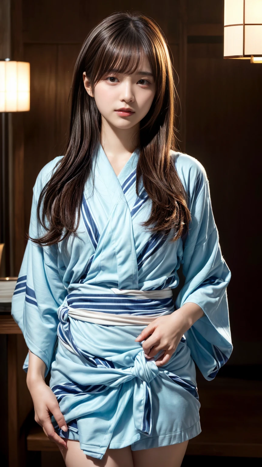 (absurdres:1.3), (highres:1.3), (ultra detailed:1.3),(1girl:1.3), (extremely detailed CG unity 8k wallpaper:1.3), (detailed skin texture, detailed cloth texture, detailed hair texture), (beautiful detailed face, supermodel, pale skin, realistic glistening skin), (RAW photo, best quality), (realistic, photo-realistic:1.4), masterpiece, extremely delicate and beautiful,Amazing, finely detail, extremely detailed CG unity 8k wallpaper, huge filesize, ultra-detailed, highres, absurdres, soft light,rim light, vibrant details, hotel room, straight hair, large breasts, black hair color, Big Natural Color Lip, (perfect body shape), beautiful legs, BREAK (japanese inn costumes yukata with (light-blue and smalt color bold stripe pattern):1.4), (unified coloring and pattern:1.4), (wrap a thin smalt color band around waist:1.3), (smalt color knot on waist:1.3), crying a little、little smile, Harajuku style、20 year old girl、cute type、lolita、standing