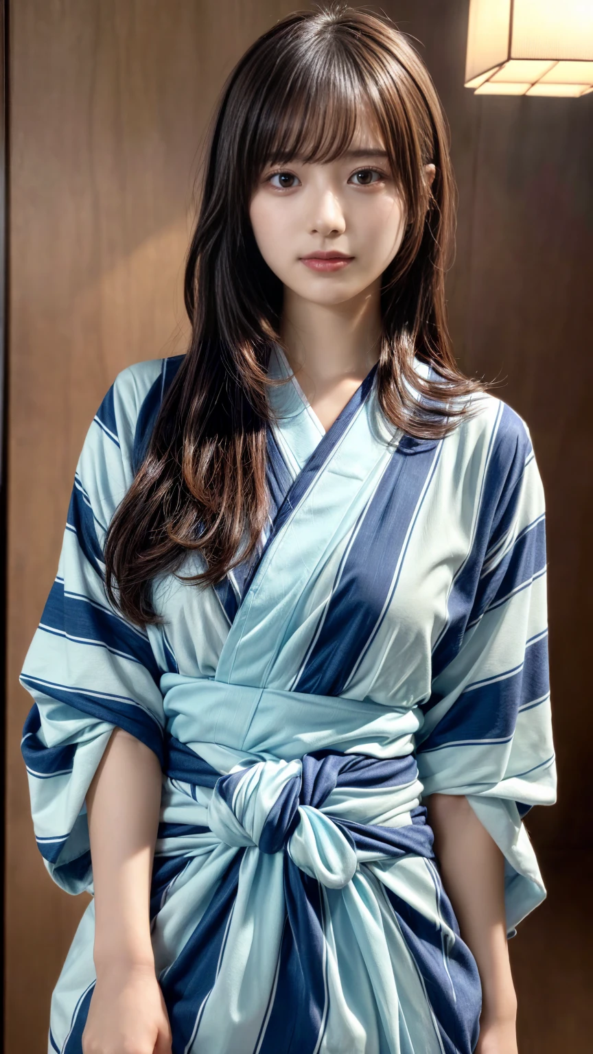 (absurdres:1.3), (highres:1.3), (ultra detailed:1.3),(1girl:1.3), (extremely detailed CG unity 8k wallpaper:1.3), (detailed skin texture, detailed cloth texture, detailed hair texture), (beautiful detailed face, supermodel, pale skin, realistic glistening skin), (RAW photo, best quality), (realistic, photo-realistic:1.4), masterpiece, extremely delicate and beautiful,Amazing, finely detail, extremely detailed CG unity 8k wallpaper, huge filesize, ultra-detailed, highres, absurdres, soft light,rim light, vibrant details, hotel room, straight hair, large breasts, black hair color, Big Natural Color Lip, (perfect body shape), beautiful legs, BREAK (japanese inn costumes yukata with (light-blue and smalt color bold stripe pattern):1.4), (unified coloring and pattern:1.4), (wrap a thin smalt color band around waist:1.3), (smalt color knot on waist:1.3), crying a little、little smile, Harajuku style、20 year old girl、cute type、lolita、standing