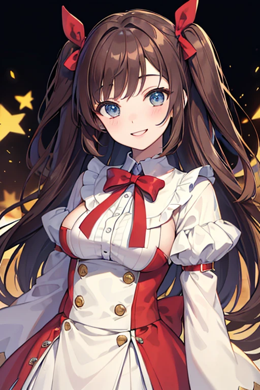 ((masterpiece,Highest quality))One woman, High resolution, Brown Hair, Two Side Up, ribbon hair accessories, Looking at this,Bullish smile