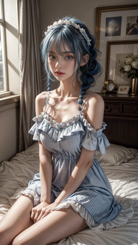 BREAK source_anime,best quality,masterpiece,1gir,bedroom,sitting on bed,
roxy-pajamas,roxy migurdia,blue eyes,blue hair,ahoge,twin braids,white dress,frills,short dress,bare shoulders,off shoulder,white spaghetti straps,(black spaghetti straps),full body,shy,looking at viewer,
