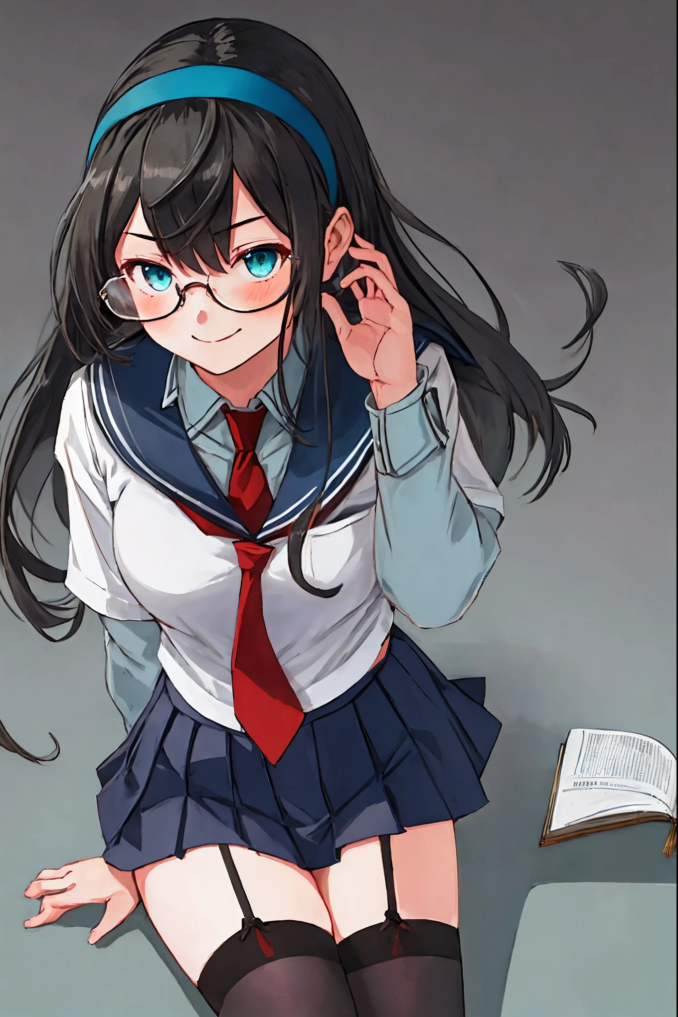 best quality, masterpiece, highres, solo, {ooyodo_kantaicollection:1.15}, black_hair, long_hair, glasses, hairband, semi-rimless_eyewear, under-rim_eyewear, blue_eyes, green_eyes, blush,small_breasts, 1girl, school_uniform, serafuku, pleats_skirt, looking_at_viewer, necktie, harbor_town_background, red_necktie,(angry:0.7),smile,,thigh-highs,solo