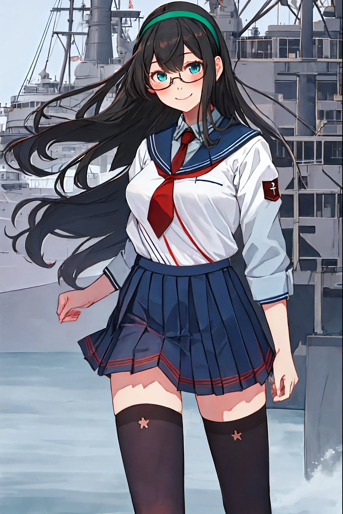 best quality, masterpiece, highres, solo, {ooyodo_kantaicollection:1.15}, black_hair, long_hair, glasses, hairband, semi-rimless_eyewear, under-rim_eyewear, blue_eyes, green_eyes, blush,small_breasts, 1girl, school_uniform, serafuku, pleats_skirt, looking_at_viewer, necktie, harbor_town_background, red_necktie,(angry:0.7),smile,,thigh-highs,solo