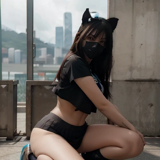 Very beautiful Hong kong female at anime con 2024 wearing fishnet stocking and very short black skirt where you can see the whole butt and a thin small tight blue crop top showing under boob , wearing fake bumny ears and a black mask,kneeling , sweating hard , large 