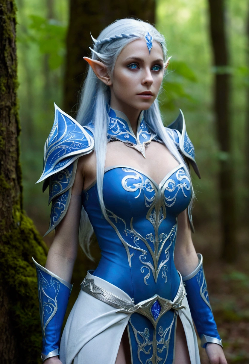 a ethereal pornelf in a blue outstandig filigrane  armor standing in the forest, blue elf, elf with blue skin, blue-skinned elf, female elf, fantasy creatures,  full body view, , hot elf girl, dominant pose, cinematic goddess body shot, hotelf princess, Green Eyes, Long white Hair 