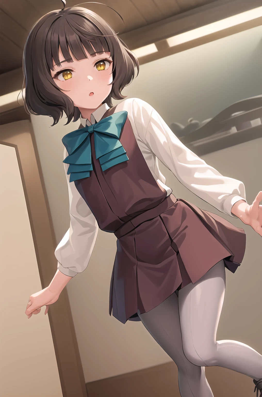 1girl, solo, 
kishinami \(kancolle\), ahoge, brown hair, short hair, wave hair, yellow eyes, blunt bangs, small breasts, 
aqua bow, aqua bowtie, grey pantyhose, long sleeves, pleated dress, purple dress, , seamed legwear, white shirt, halterneck, boots, 
indoors,  full body