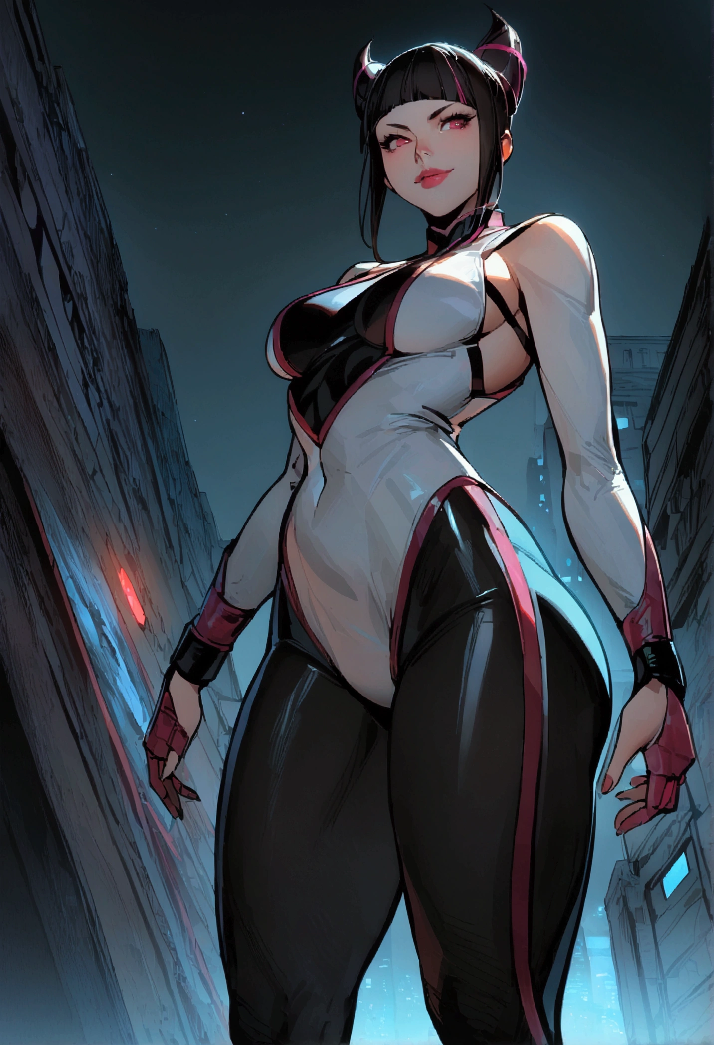 juri han,(work of art), 1 girl, standing alone, absurderes, high resolution,,pretentious smile ,curve body, Bblack hair ,, Eyes red, Bblack hair, perfect lips, white shirt,breastsout ,leggings preta ,black socks at night,citys