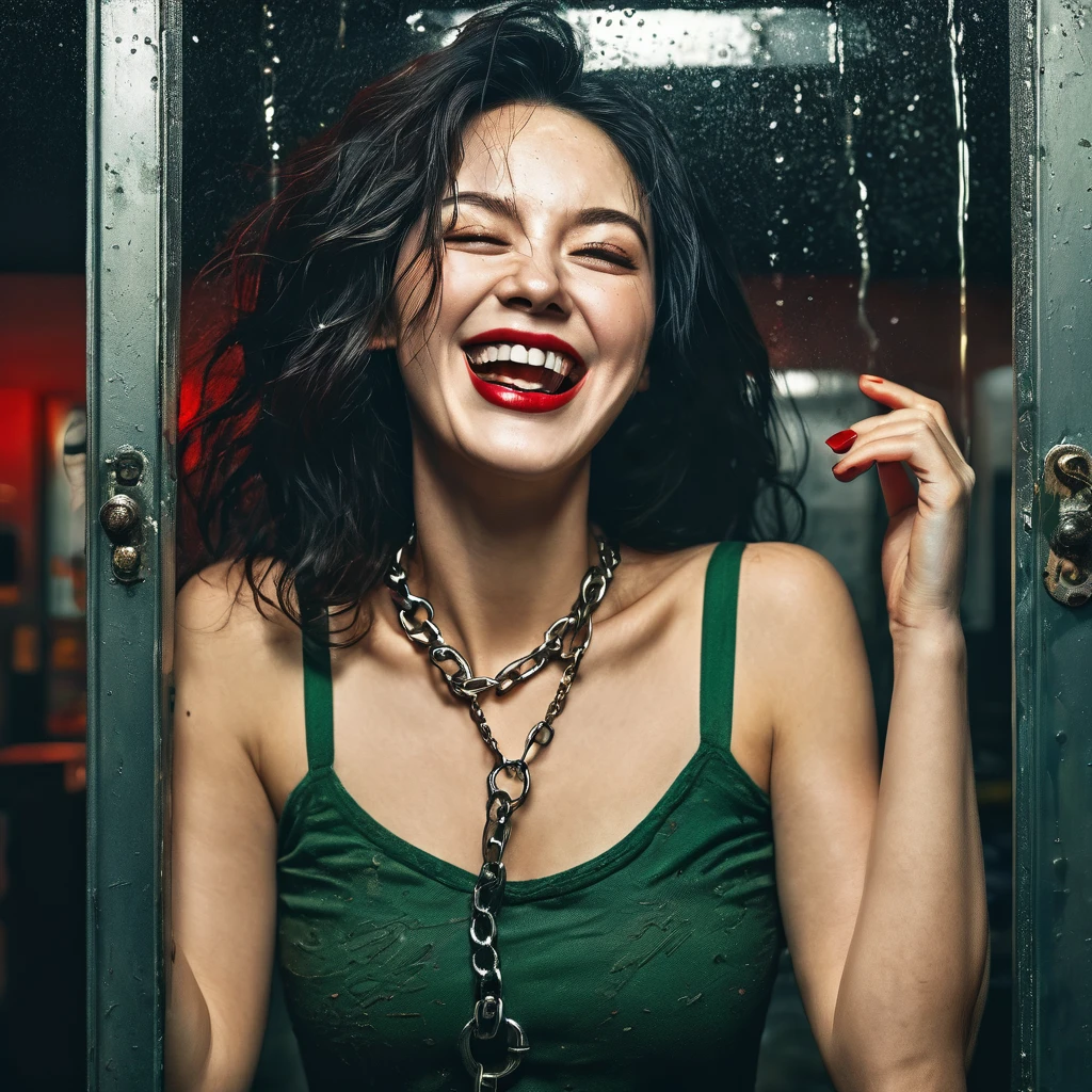 A dramatic impasto impressionistic image of a jailed female with a deviant laugh and brave posture, held by a big chain in a severe jail room with a small bar window, handcuffs. The scene is in deep dark green with golden reflections on wet walls, foggy and blurry, red alarm light at background. Concentrate on her face with hyper-realistic quality, red lips, and dark eyes.