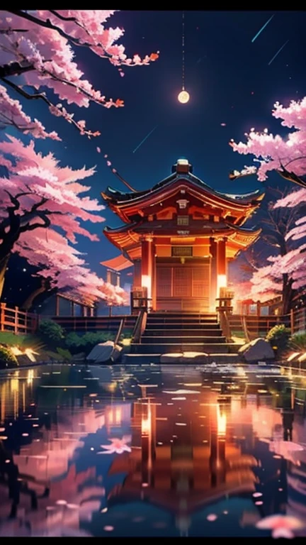 masterpiece，shrine，hope，positive，beautiful，Otorii，cherry blossoms ,Night Sky，High resolution, High resolution, 8k, masterpiece2:1,（ 京都のshrine，moon）Rear view

