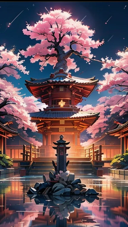 masterpiece,shrine,hope,positive,beautiful,Otorii,cherry blossoms ,Night Sky,High resolution, High resolution, 8k, masterpiece2:1,( 京都のshrine,moon)Rear view