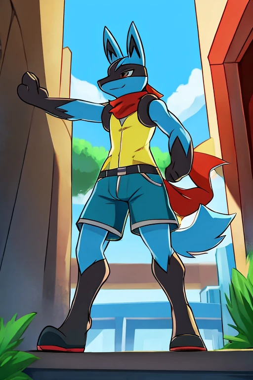 Lucario, Red scarf, Red Cap, green vest, shorts azules