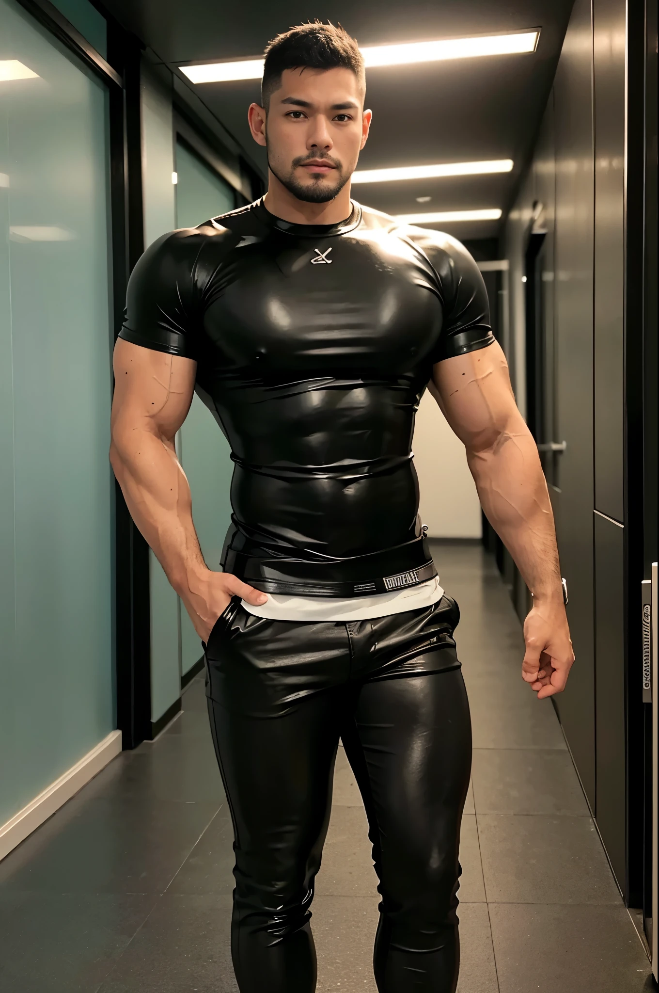 Big Muscular japanese guy,wearing tight black leather t shirt ,big biceps,muscular body, tall,6ft, leather pants, facing camera ,standing straight in hallway, lighting,shadow,bluish tint