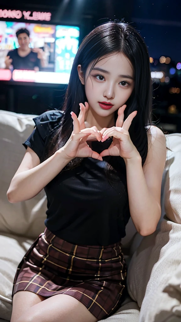 night club, whiskey table, Sofa, club room, couple selfie, smartphone selfie, A pretty slender 24-year-old Korean woman wearing a top and miniskirt and a strong-bodied and handsome 34-year-old Korean man wearing a muscular shirt., Karaoke machine, The lights went crazy, Party Lights, sound of music ringing, heart hands