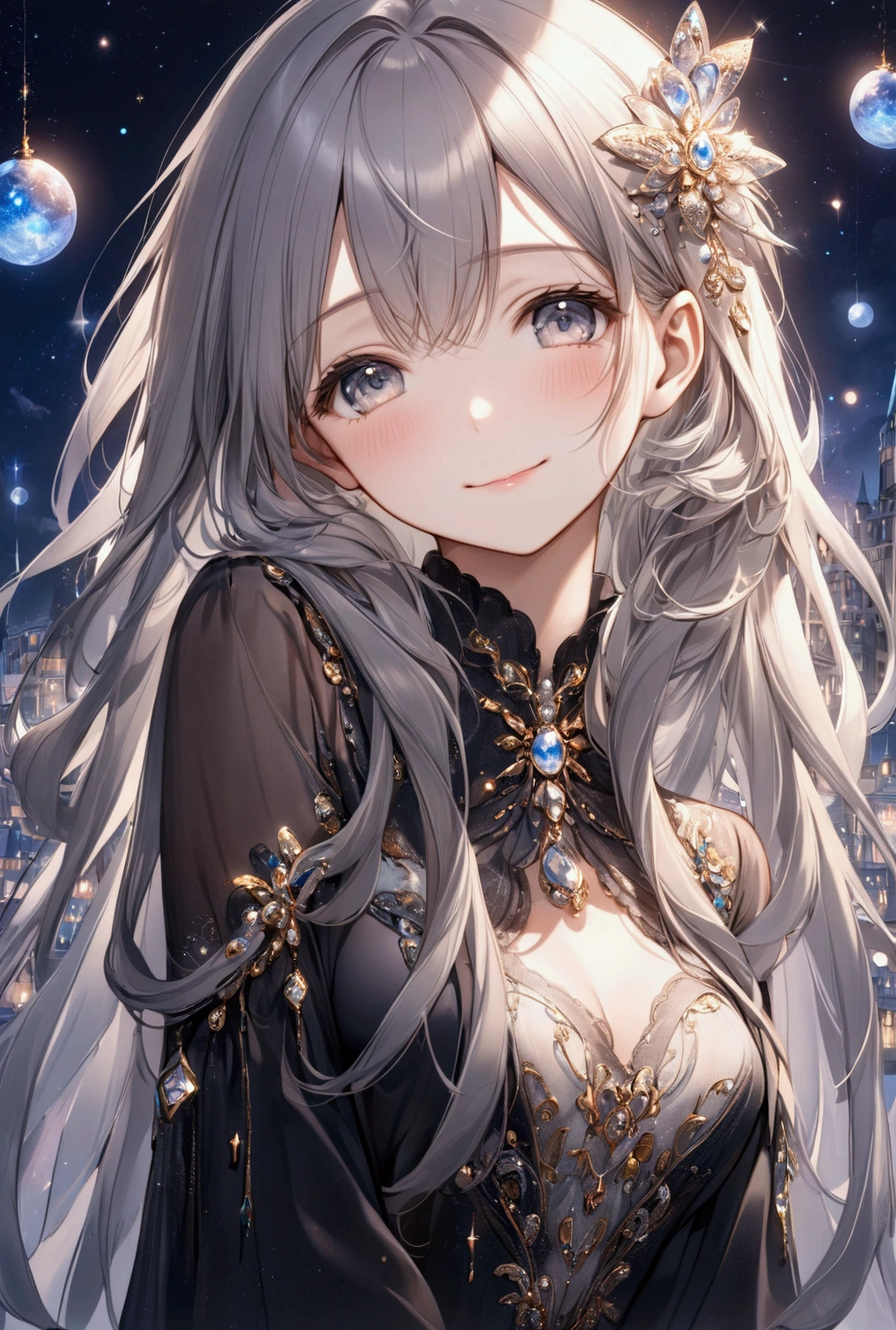 (Highest quality, 8k, 32K, masterpiece, Ultra-high resolution,:1.2),to be born, One Girl,So cute , A fantasy background resembling a nighttime electronic world, clear, Shining Eyes, Age 25 ,Fair skin, black and grey hair, beautiful girl, Fantasy Clothing, Long Hair, An innocent smile, Lavish decoration, god々Shining light, Face is close, Bust Up Size, Embarrassed