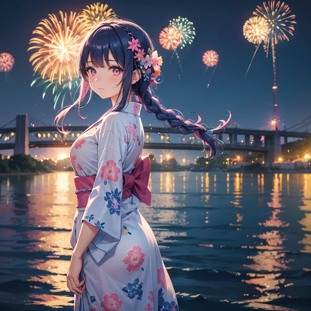 Sky Blue Medium Hair, (Braided hair),(Pink Eyes),Fair skin ,(whole body),(1 girl)、Floral Yukata、summer night、Fireworks on the lake、Big fireworks、Straight bangs,(masterpiece, Highest quality, Very detailed, Best Shadow), (Detailed Background), (Beautifully detailed face), High Contrast, (Best lighting, Very delicate and beautiful), ((Cinematic Light)), colorful, Hyper Detail 8k, Dramatic Light, Intricate details,Fireworks light reflected on the water