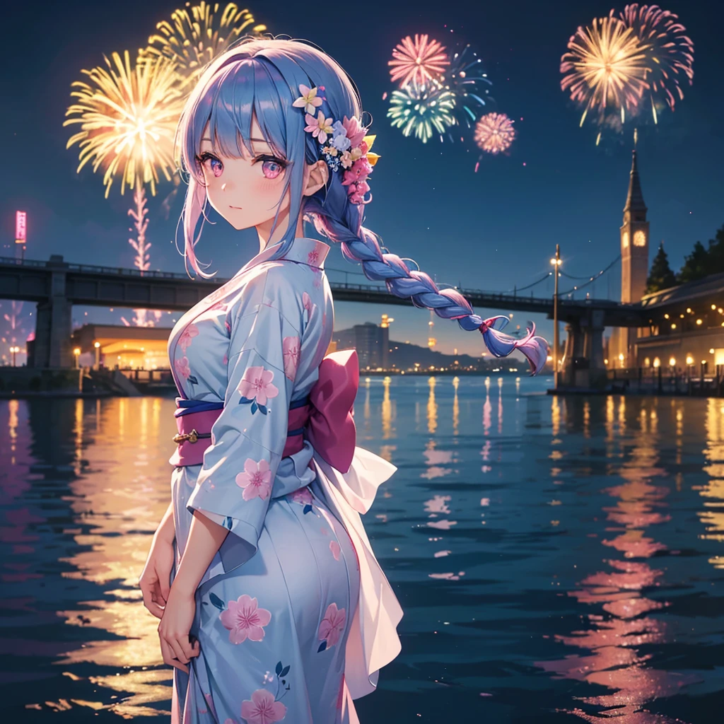 Sky Blue Medium Hair, (Braided hair),(Pink Eyes),Fair skin ,(whole body),(1 girl)、Floral Yukata、summer night、Fireworks on the lake、Big fireworks、Straight bangs,(masterpiece, Highest quality, Very detailed, Best Shadow), (Detailed Background), (Beautifully detailed face), High Contrast, (Best lighting, Very delicate and beautiful), ((Cinematic Light)), colorful, Hyper Detail 8k, Dramatic Light, Intricate details,Fireworks light reflected on the water