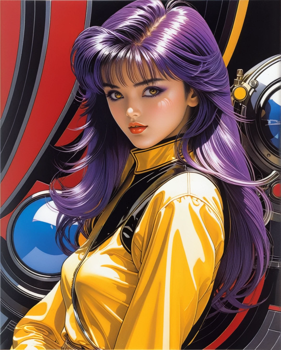 Art style by Hajime Sorayama, Art style by Hiroshi Nagai, (Masterpiece, Top Quality, Super Detail, High Resolution, Best Illustration), 1990s (style), 1980s (style), retro art style, Highest image quality, (Masterpiece, top quality, super detail, high resolution, best illustration), vintage, 1990s \(style\), dynamic angle, Score_9, Score_8_up, Score_7_up, seduce gaze, long purple hair, bloodlust, lamia mosnter girl, lamia type, black yellow eyes