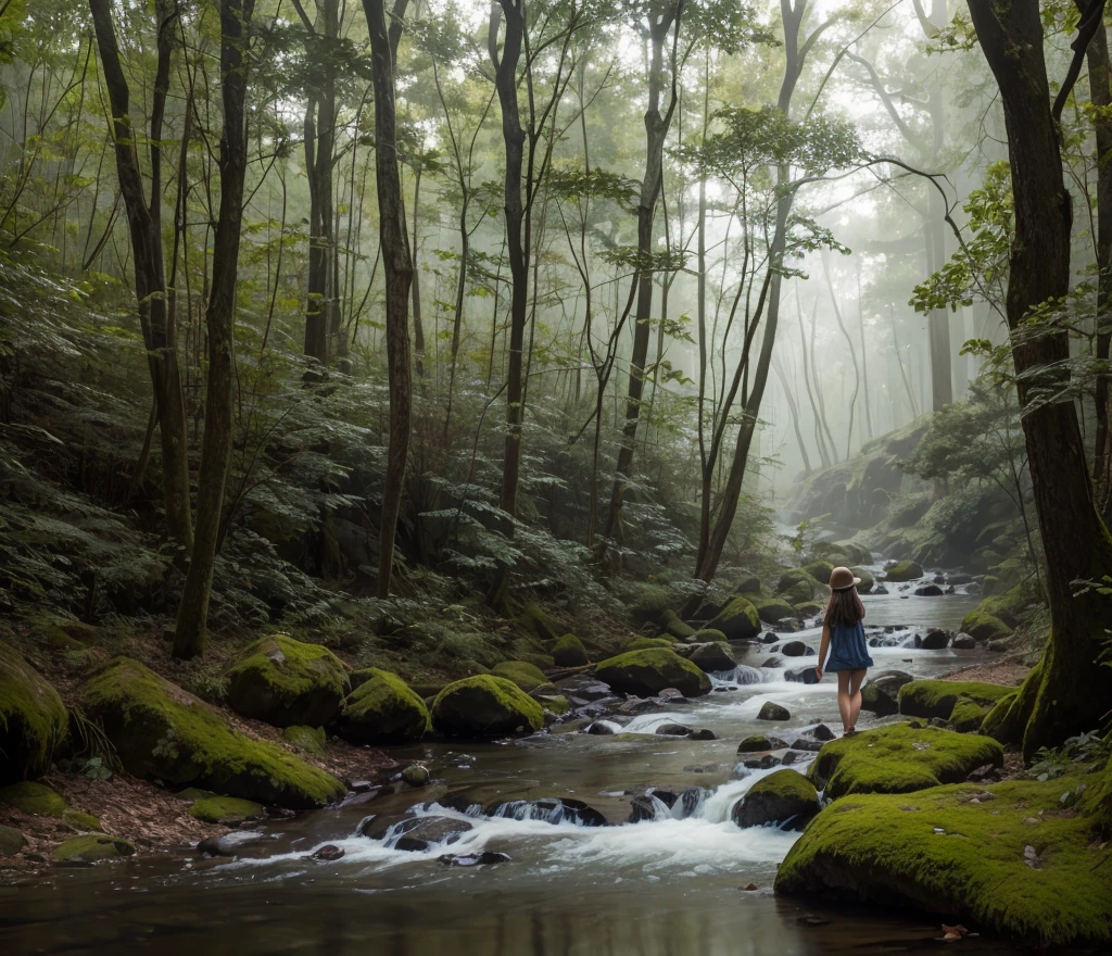 Girl back,In the quiet forest,Creek next to it,Foggy