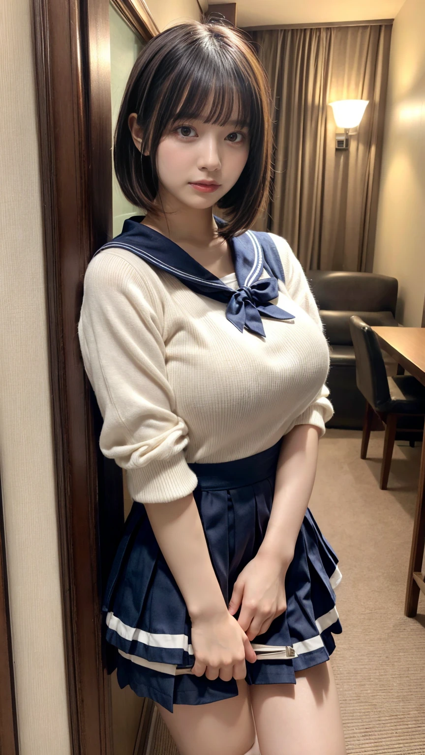 masterpiece, best quality, illustration, Super detailed, fine details, High resolution, 8K,wall paper, perfect dynamic composition,(Details High quality, realistic depiction of eyes:1.3), short hair, Black Sailor Uniform, serafuku, Navy pleated skirt, huge breasts, black hair color, Big Natural Color Lip, bold sexy pose, crying a little、 Harajuku style、20 year old girl、cute type、ta、beautiful legs, hotel room, full body photo、focus on crotch, hposing Gravure Idol