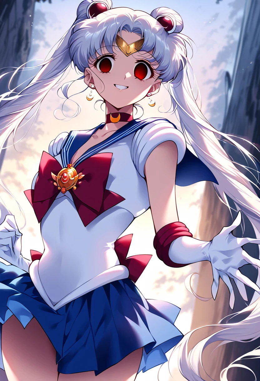 (masterpiece, Highest quality, so beautiful, Super detailed), Intricate details, 12k, Honestly, Long Hair, Double Bang, Twin tails, Parted bangs, tiara, Earrings, red eyes, Red choker, Blue sailor collar, Red Bow, White shirt, Elbow hand pockets, White gloves, Blue Skirt, Are standing, Cowboy Shot,,(evil smile:1.2), 1girl,(Silver Hair:1.4),(empty eyes,:1.4),from below,looking dawn,dark aura,View your viewers