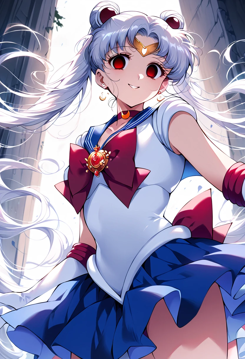 (masterpiece, Highest quality, so beautiful, Super detailed), Intricate details, 12k, Honestly, Long Hair, Double Bang, Twin tails, Parted bangs, tiara, Earrings, red eyes, Red choker, Blue sailor collar, Red Bow, White shirt, Elbow hand pockets, White gloves, Blue Skirt, Are standing, Cowboy Shot,,(evil smile:1.2), 1girl,(Silver Hair:1.4),(empty eyes,:1.4),from below,looking dawn,dark aura,View your viewers