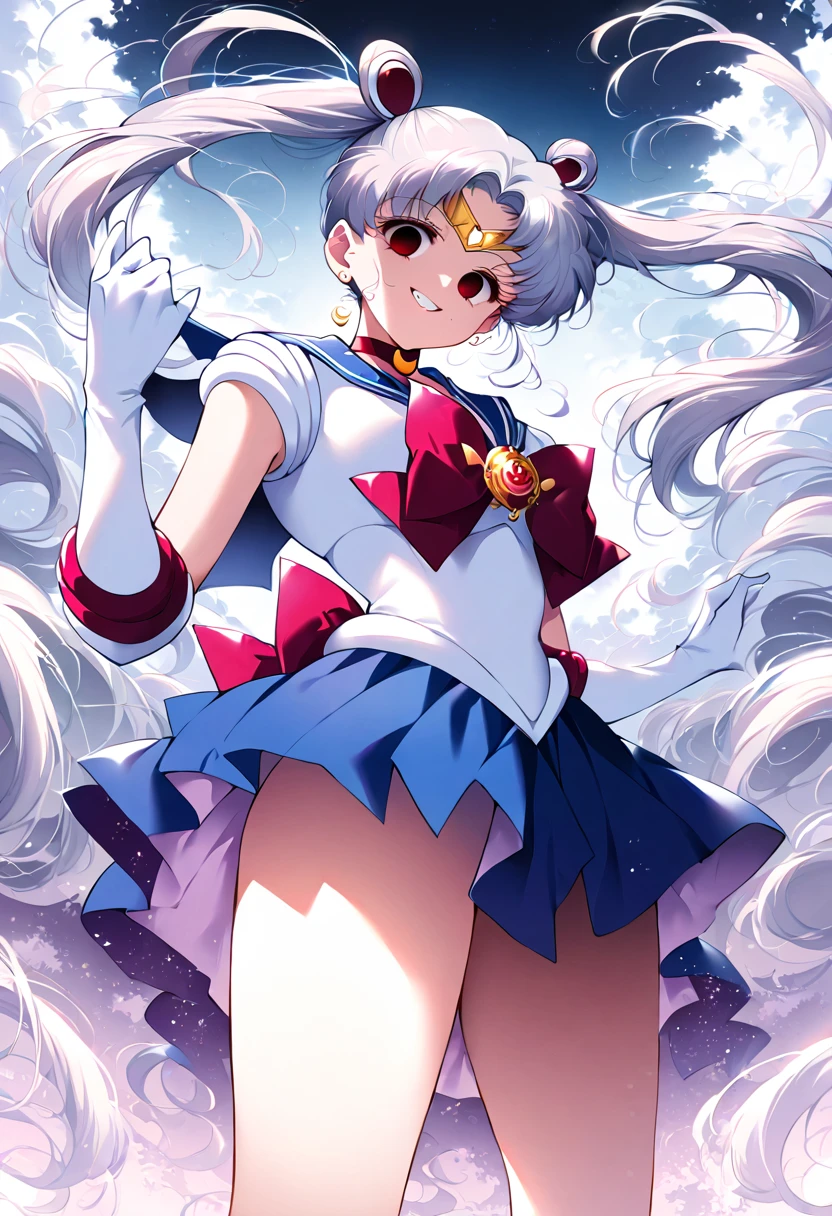 (masterpiece, Highest quality, so beautiful, Super detailed), Intricate details, 12k, Honestly, Long Hair, Double Bang, Twin tails, Parted bangs, tiara, Earrings, red eyes, Red choker, Blue sailor collar, Red Bow, White shirt, Elbow hand pockets, White gloves, Blue Skirt, Are standing, Cowboy Shot,,(evil smile:1.2), 1girl,(Silver Hair:1.4),(empty eyes,:1.4),from below,looking dawn,dark aura,View your viewers