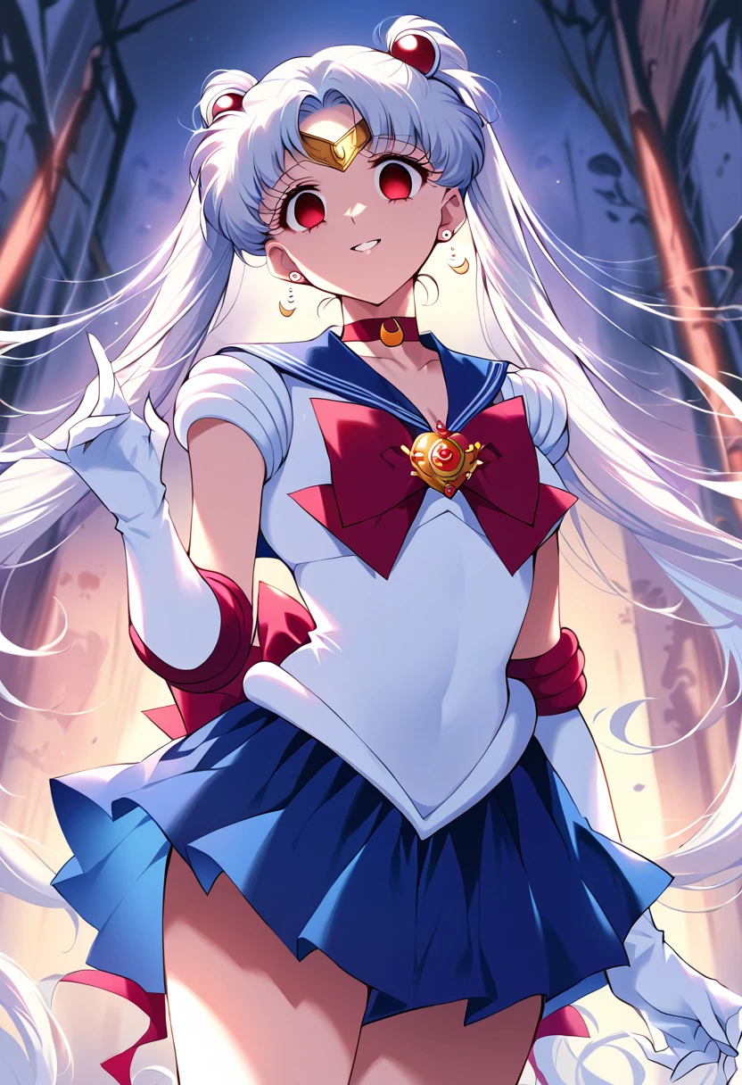 (masterpiece, Highest quality, so beautiful, Super detailed), Intricate details, 12k, Honestly, Long Hair, Double Bang, Twin tails, Parted bangs, tiara, Earrings, red eyes, Red choker, Blue sailor collar, Red Bow, White shirt, Elbow hand pockets, White gloves, Blue Skirt, Are standing, Cowboy Shot,,(evil smile:1.2), 1girl,(Silver Hair:1.4),(empty eyes,:1.4),from below,looking dawn,dark aura,View your viewers
