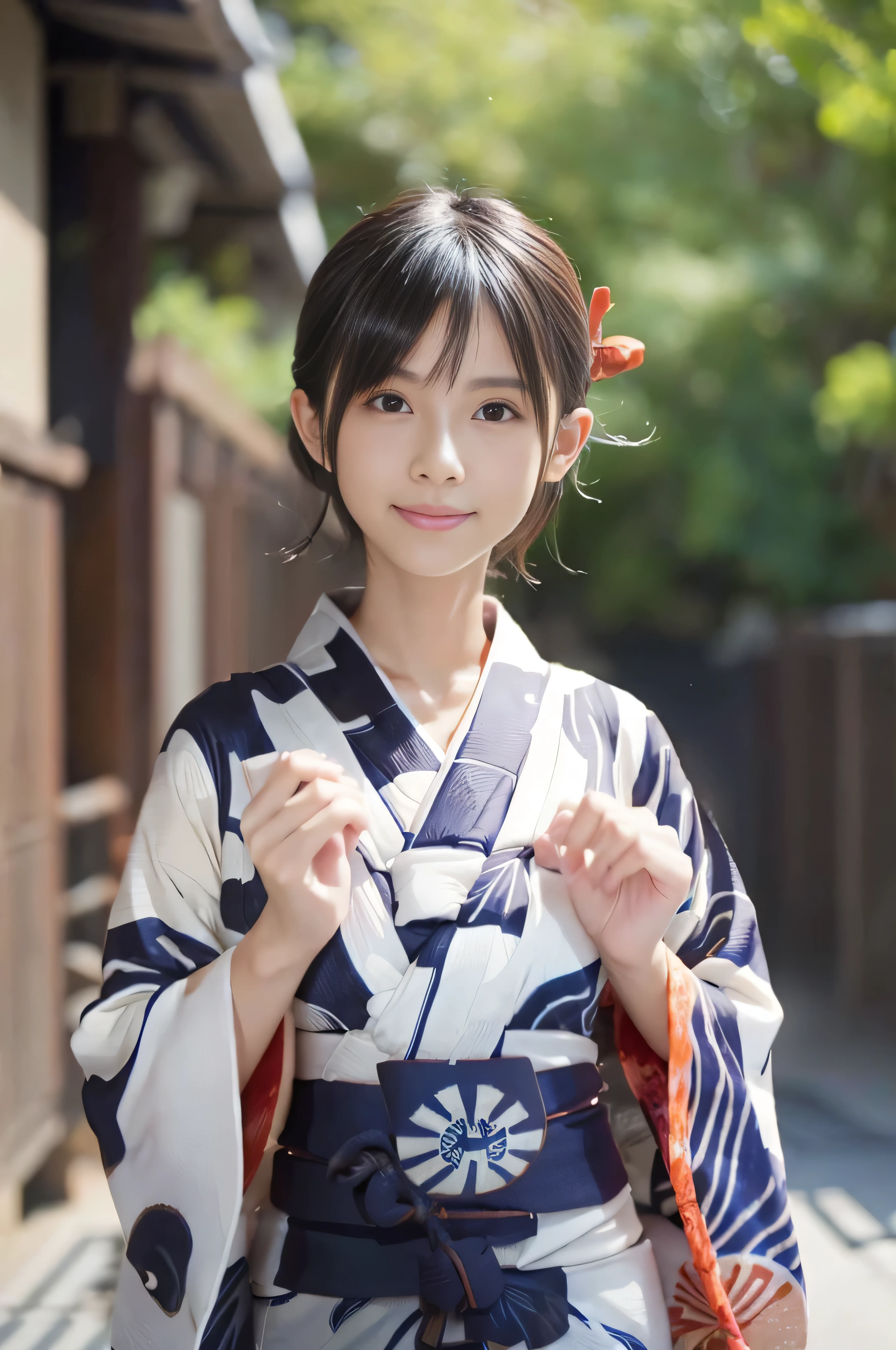 (((A thin yukata:1.4)))、(())、high school studese、(Highest quality,masterpiece:1.3,Ultra-high resolution,),(Very detailedな,Caustics),(Photorealistic:1.4,RAW shooting,)Ultra-Realistic Capture,Very detailed,High resolution 16K human skin closeup、 Natural skin texture、、Skin tone is even and healthy looking、 Use natural light and colour,1 girl,Japanese,cute,Black-haired,Medium Hair,(Big Breasts:1.4),smile,,(Written boundary depth、chromatic aberration、、Wide range of lighting、Natural Shading、)、(Kimono with open front), Holding a Japanese fan,