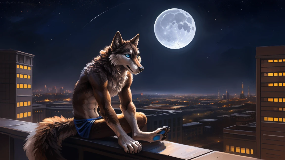 ((Solo)), male people, anthro wolf, (Multi-colored fur, White-brown:1.3), ((Wolf face, Big eyes, White eyelids, Blue pupil, Slim:1.2) (Tough, Calm expression:1.2)), (Height 2.1 meters,Tail length 1.5m), Abs, Slim, pinging, (Correct anatomy), (Contour bone:1.2), The upper body is naked, (detailed outfits), a long large tail，Feet，(Realistic fur, Detailed fur texture, labeled:1.3)), (Natural lighting), Photorealistic, Hyperrealistic, ultradetailed, by Kenket，In the modern city，Roof，the night，Sit alone，Look at the full moon，It was dark，Starry