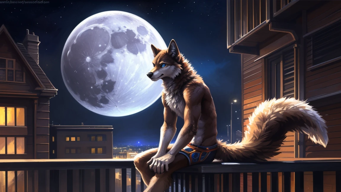 ((Solo)), male people, anthro wolf, (Multi-colored fur, White-brown:1.3), ((Wolf face, Big eyes, White eyelids, Blue pupil, Slim:1.2) (Tough, Calm expression:1.2)), (Height 2.1 meters,Tail length 1.5m), Abs, Slim, pinging, (Correct anatomy), (Contour bone:1.2), The upper body is naked, (detailed outfits), a long large tail,Feet,(Realistic fur, Detailed fur texture, labeled:1.3)), (Natural lighting), Photorealistic, Hyperrealistic, ultradetailed, by Kenket,In the modern city,Roof,the night,Sit alone,Look at the full moon,It was dark,Starry