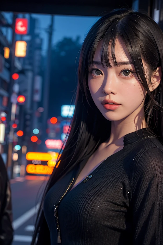 1 woman, tokyo streets,night, cityscape,city lights, upper body,enlargement, 8k, RAW photos, best quality, masterpiece,realistic, photo-realistic,