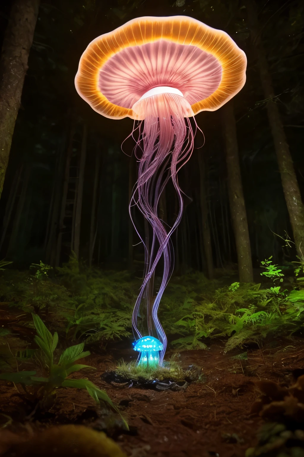 lots of small jellyfish forest with mushrooms glowing in the dark, a forest fantasy in a nature scenery, lots of small jellyfish