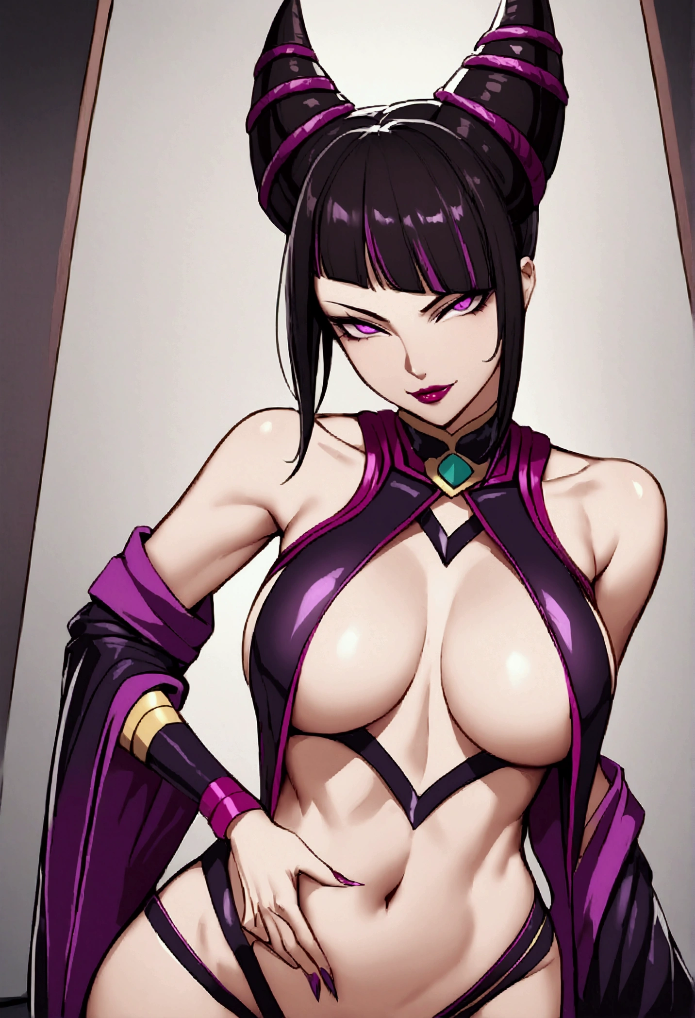 juri han,woman sexy, mentor, teacher, empty room, standing alone, secretive, risky, pernicious, seducer, sultry posing, Lustful look, revealing clothing, stripping, unbuttoning,evil gaze,glowing purple eyes,evil smile hair horn