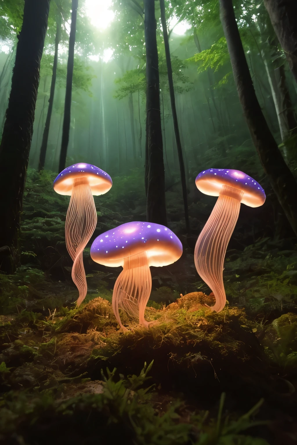 lots of small jellyfish forest with mushrooms glowing in the dark, a forest fantasy in a nature scenery, lots of small jellyfish