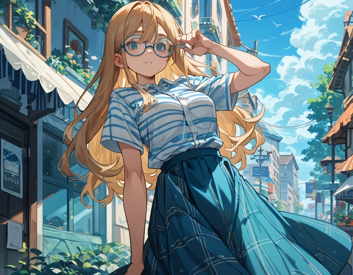  sticking to shirt、Her breasts are visible through her blue and white checked shirt、Blue flared long skirt、Lifting her skirt to reveal blue and white stripes々Show off cute underwear、Long haired girl wearing glasses