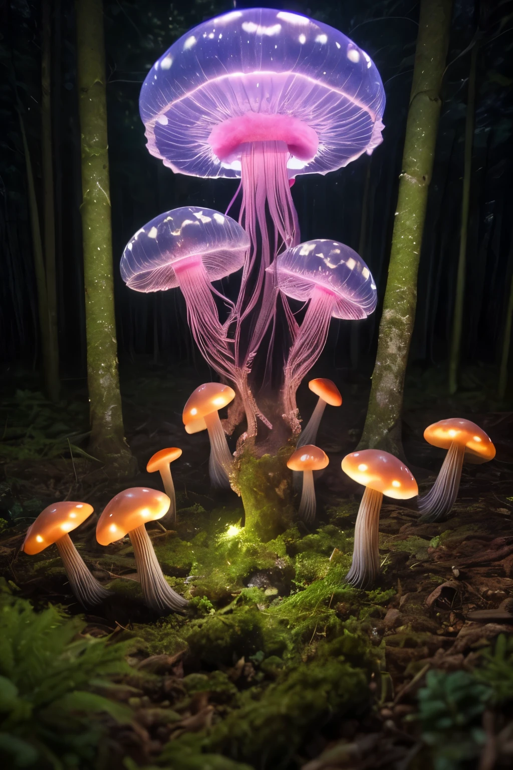 lots of small jellyfish forest with mushrooms glowing in the dark, a forest fantasy in a nature scenery, lots of small jellyfish