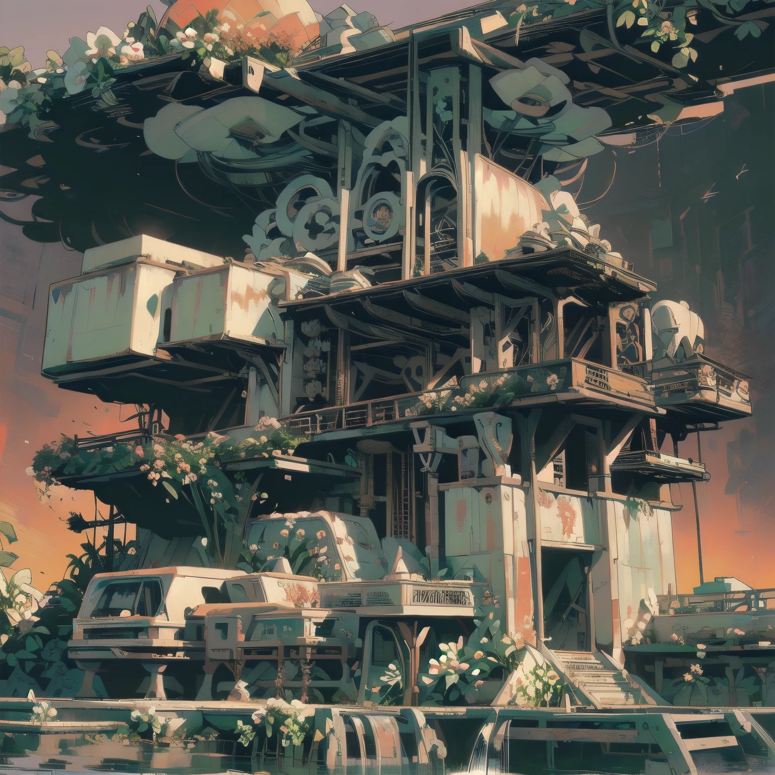 (((masterpiece, Highest quality)))、(((32K Wallpapers)))、Detailed Machinery、Abandoned Factory、Atrium、(((White Flower Field)))、(((Huge, rusty, black heavy machinery with great attention to detail)))、Gorgeous light leaks、(((sunset)))、fog、Detailed Background、Highest quality、(((No humans)))、Broken huge black heavy machinery、Complex, Huge heavy equipment、Faint lighting、sunset、(((Dull colors and white flowers fall)))、(((Heavy machinery covered with flowers)))、(((Lots of butterflies)))、(((Abandoned garage)))、(((Submersion)))、(((Waterfall from the ceiling)))、(((A waterfall falls on a huge black heavy machinery))))、(((red sunset))、(((Detailed waterfall and water)))、Strong backlighting、(((Huge black heavy machinery in the foreground)))