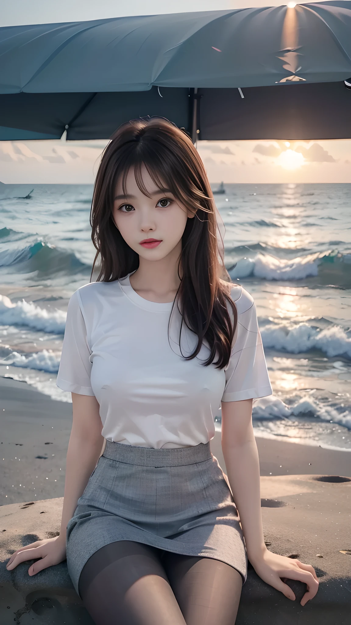 ulzzang-6500-v1.1, (RAW Photos:1.2), (Photorealistic), (Genuine:1.4), １girl、Perfect Anatomy、20 years old、Looking at the camera、Medium Long Hair、T-shirt, skirt, ((on the beach at sunset :1.2))、(Ultra-realistic pantyhose:1.2), (Business services)、Asian Eyes Ella,