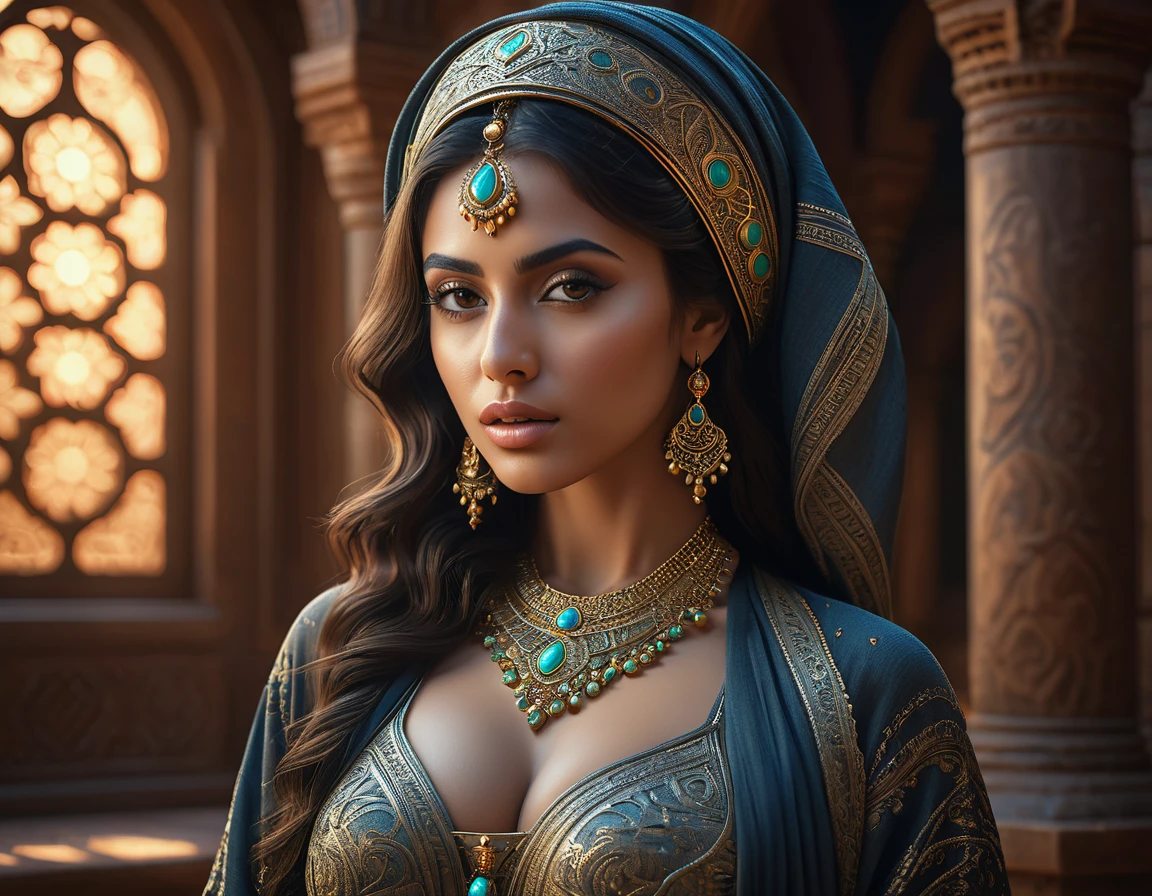 beautiful arabian lady and sexy breast with elegant expression, 3d rendered as, --ar 3:3 --v 5.2 --style raw, neon ambience, rendered in unreal engine, photorealistic, abstract, arabic ethnic gear, detailed acrylic, rendered in unreal engine, medium view, neon ambiance, perfect composition, beautiful detailed intricate insanely detailed octane render trending on artstation, 8k artistic photography, photorealistic concept art, soft natural volumetric cinematic perfect light, chiaroscuro, award - winning photograph, masterpiece, oil on canvas, raphael, caravaggio, greg rutkowski, beeple, beksinski, giger, perfect composition, beautiful detailed intricate insanely detailed octane render trending on artstation, 8 k artistic photography, photorealistic concept art, soft natural volumetric cinematic perfect light,