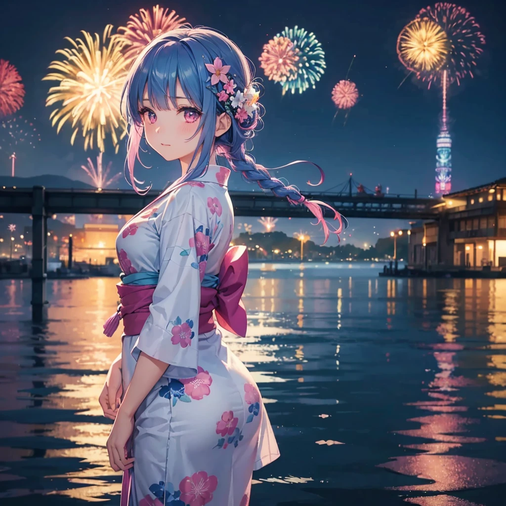 Sky Blue Medium Hair, (Braided hair),(Pink Eyes),Fair skin ,(whole body),(1 girl)、Floral Yukata、summer night、Fireworks on the lake、Big fireworks、Straight bangs,(masterpiece, Highest quality, Very detailed, Best Shadow), (Detailed Background), (Beautifully detailed face), High Contrast, (Best lighting, Very delicate and beautiful), ((Cinematic Light)), colorful, Hyper Detail 8k, Dramatic Light, Intricate details,Fireworks light reflected on the water