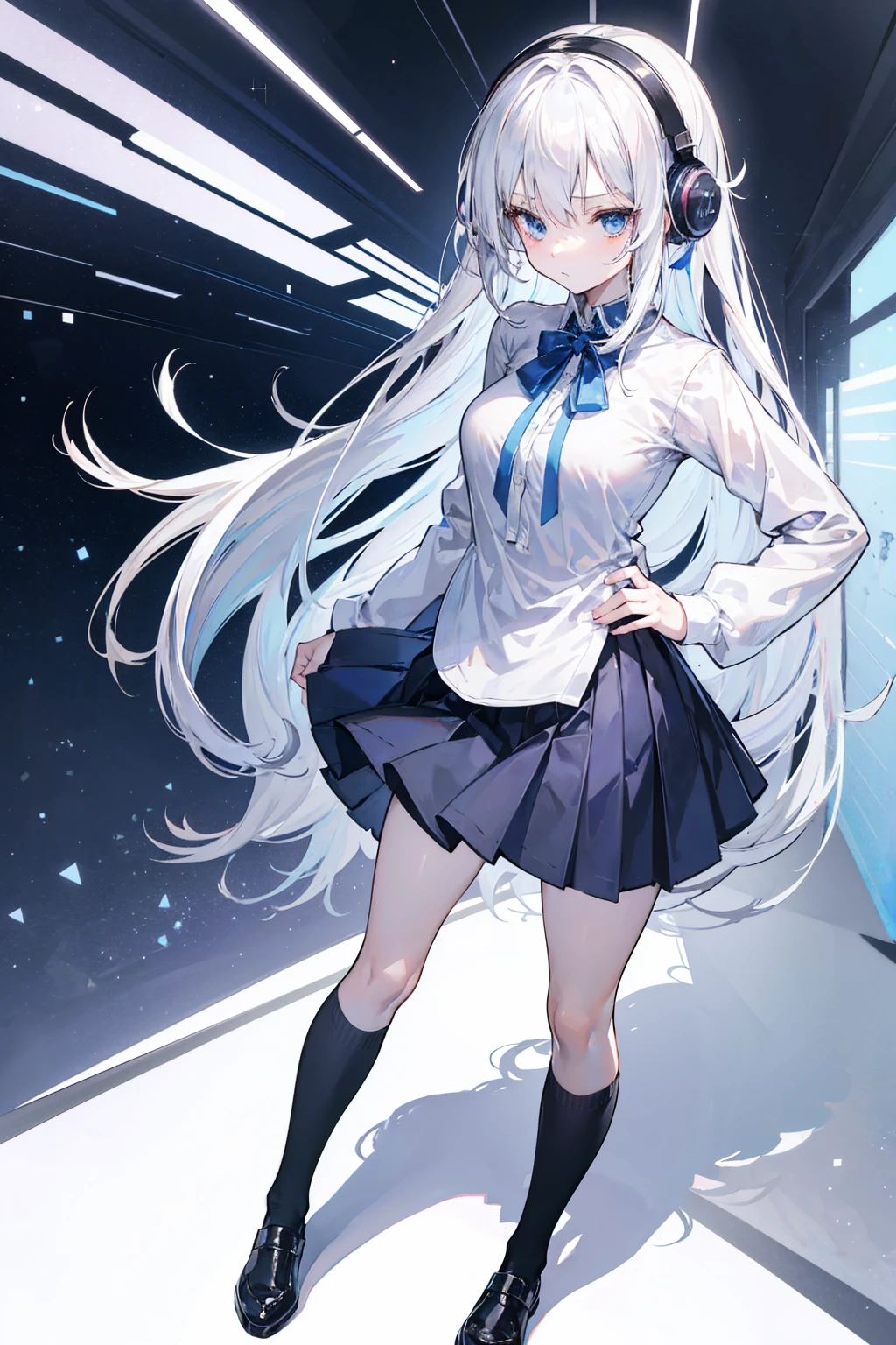 "anime girl, 1 person, silver white hair, shoulder length hair, wearing headphones, dark blue eyes, women's shirt, dark blue skirt, short skirt, long socks, black socks, big breasts, shy face, full body, solo, viewed from many different angles, high quality images