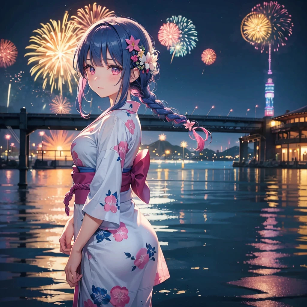 Sky Blue Medium Hair, (Braided hair),(Pink Eyes),Fair skin ,(whole body),(1 girl)、Floral Yukata、summer night、Fireworks on the lake、Big fireworks、Straight bangs,(masterpiece, Highest quality, Very detailed, Best Shadow), (Detailed Background), (Beautifully detailed face), High Contrast, (Best lighting, Very delicate and beautiful), ((Cinematic Light)), colorful, Hyper Detail 8k, Dramatic Light, Intricate details,Fireworks light reflected on the water
